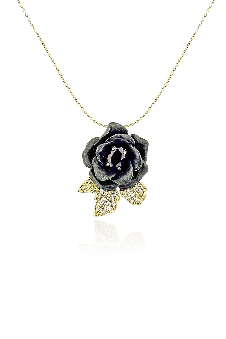 Gold Finish Black Stone & Cubic Zirconia Pendant Necklace In Sterling Silver by MISS JO at Pernia's Pop Up Shop