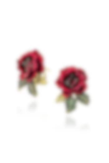 Gold Finish Cubic Zirconia & Red Stone Stud Earrings In Sterling Silver by MISS JO at Pernia's Pop Up Shop