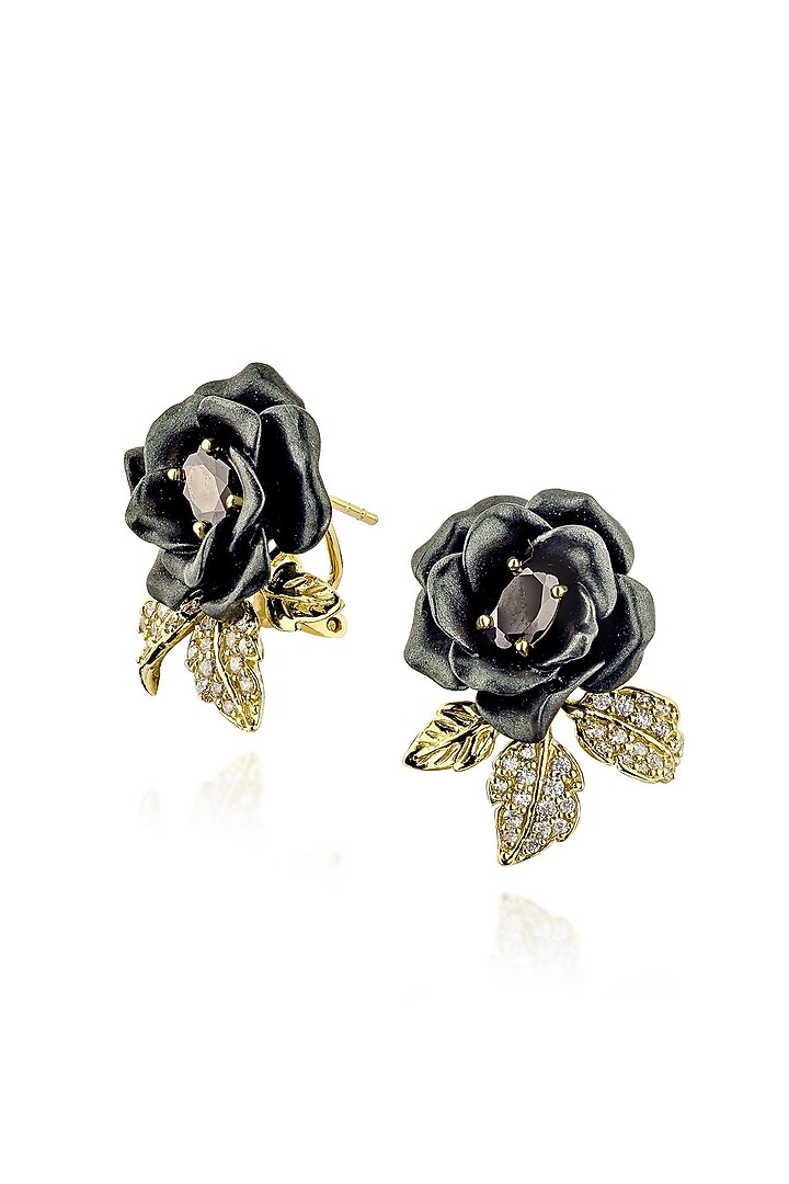 Gold Finish Cubic Zirconia & Black Stone Stud Earrings In Sterling Silver by MISS JO at Pernia's Pop Up Shop