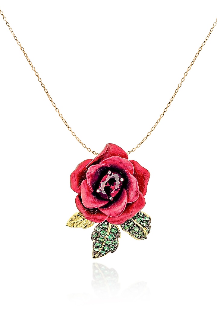 Gold Finish Cubic Zirconia & Red Stone Pendant Necklace In Sterling Silver by MISS JO at Pernia's Pop Up Shop