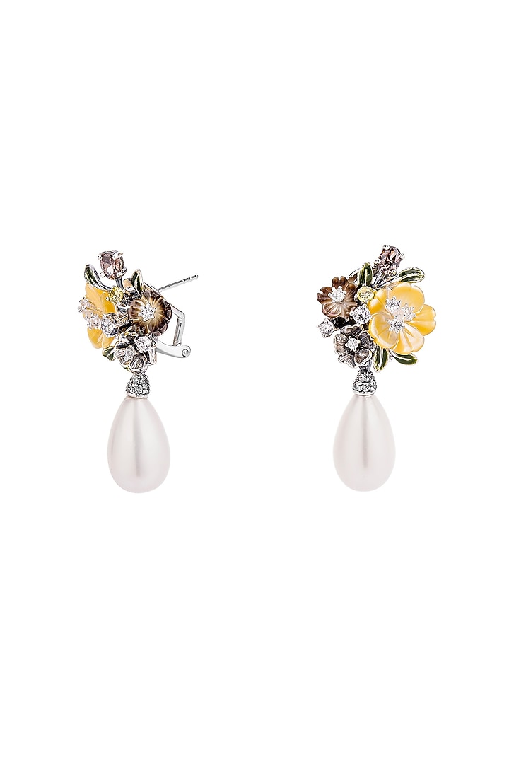 White Rhodium Finish Yellow Pearl Floral Dangler Earrings In Sterling Silver by MISS JO at Pernia's Pop Up Shop