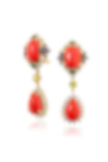 Gold Finish Floral Motif & Coral Stone Dangler Earrings In Sterling Silver by MISS JO at Pernia's Pop Up Shop
