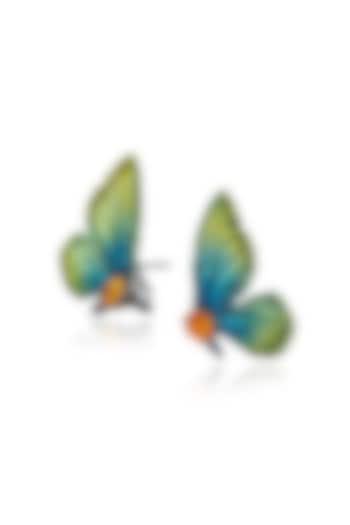 White Rhodium Finish Green Enameled Butterfly Stud Earrings In Sterling Silver by MISS JO at Pernia's Pop Up Shop