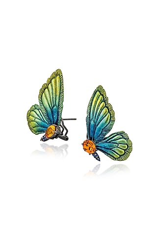 White Rhodium Finish Green Enameled Butterfly Stud Earrings In Sterling Silver by MISS JO