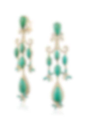 Gold Finish Green Stone & Cubic Zirconia Dangler Earrings In Sterling Silver by MISS JO at Pernia's Pop Up Shop