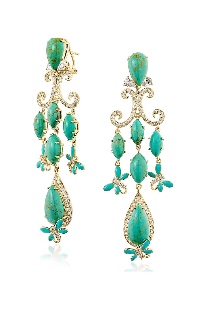 Gold Finish Green Stone & Cubic Zirconia Dangler Earrings In Sterling Silver by MISS JO at Pernia's Pop Up Shop