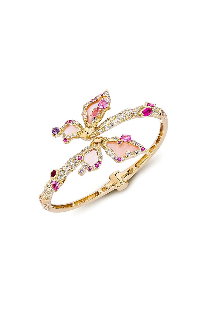 Gold Finish Pink Cubic Zirconia Cuff In Sterling Silver by MISS JO at Pernia's Pop Up Shop