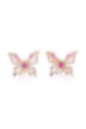 Gold Finish Pink Shell & Cubic Zirconia Stud Earrings In Sterling Silver by MISS JO at Pernia's Pop Up Shop