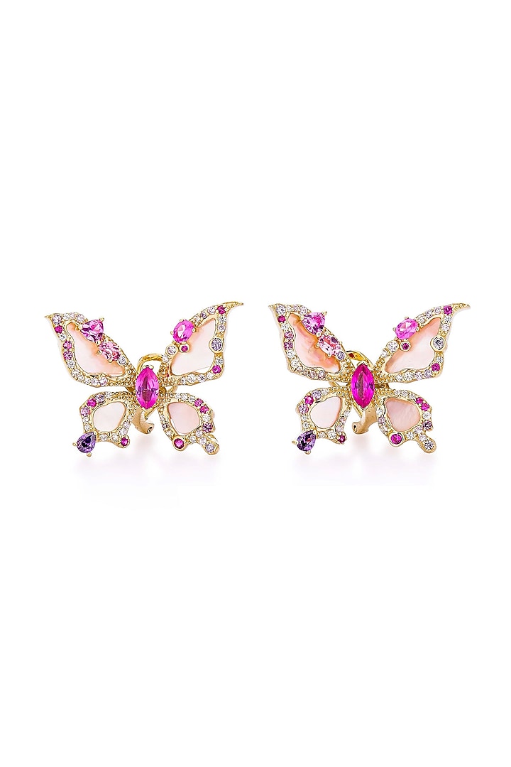 Gold Finish Pink Shell & Cubic Zirconia Stud Earrings In Sterling Silver by MISS JO at Pernia's Pop Up Shop