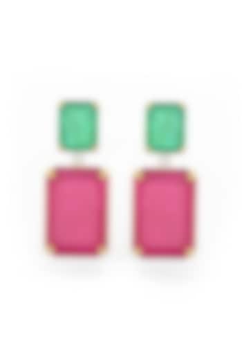 Gold Finish Emerald & Pink Natural Stone Dangler Earrings In Sterling Silver by MISS JO at Pernia's Pop Up Shop