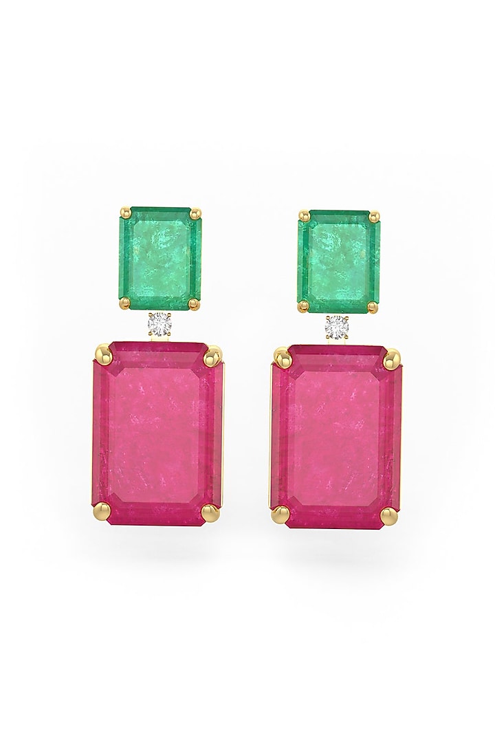 Gold Finish Emerald & Pink Natural Stone Dangler Earrings In Sterling Silver by MISS JO at Pernia's Pop Up Shop
