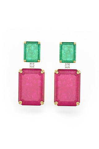 Gold Finish Emerald & Pink Natural Stone Dangler Earrings In Sterling Silver by MISS JO