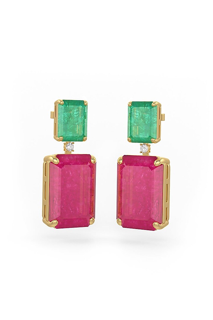 Gold Finish Emerald & Pink Natural Stone Dangler Earrings In Sterling Silver by MISS JO at Pernia's Pop Up Shop
