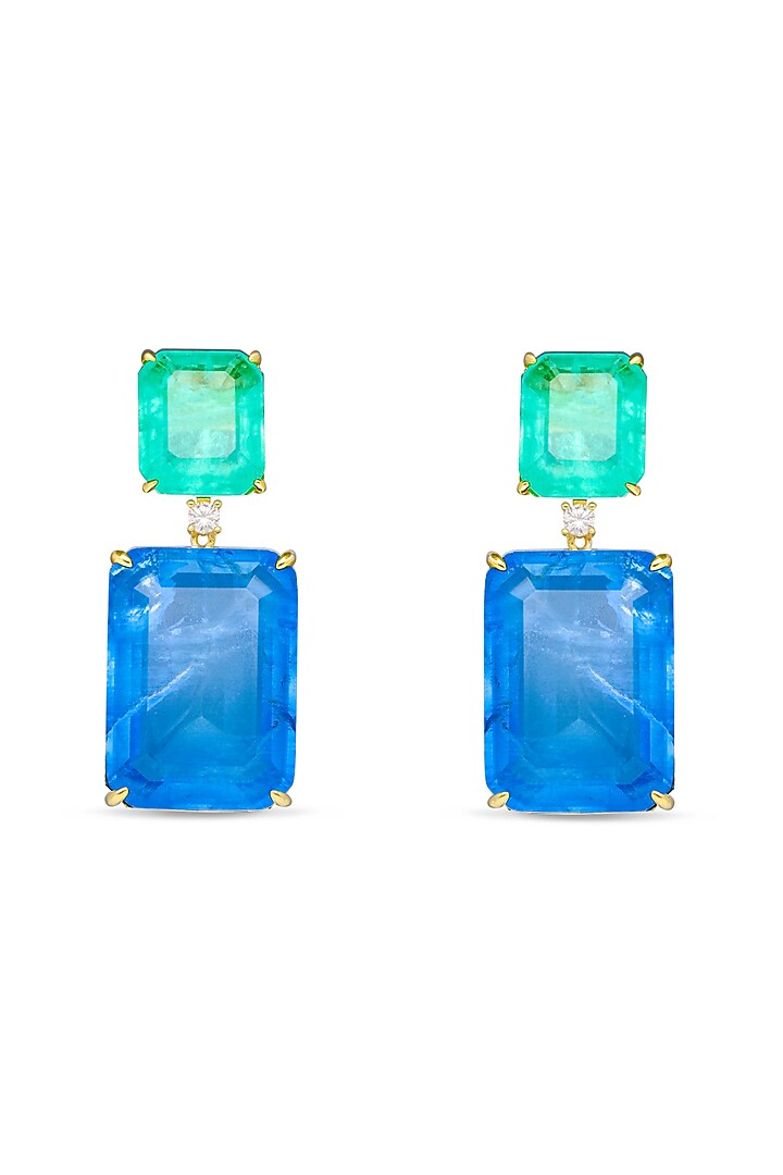 Gold Finish Blue Natural Stone Dangler Earrings In Sterling Silver by MISS JO at Pernia's Pop Up Shop