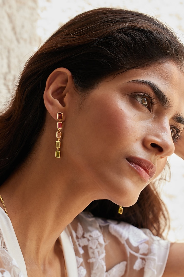 Gold Finish Rhodolite Hydro & Amethyst Stone Dangler Earrings In Sterling Silver by MISS JO at Pernia's Pop Up Shop