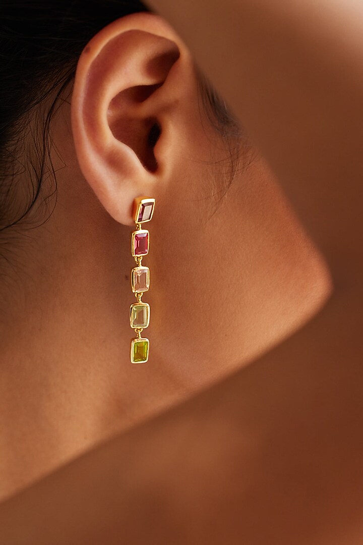 Gold Finish Rhodolite Hydro & Amethyst Stone Dangler Earrings In Sterling Silver by MISS JO at Pernia's Pop Up Shop