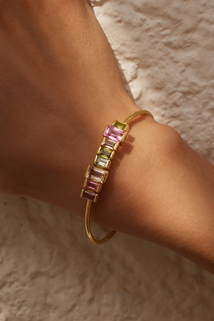 Gold Finish Pink Tourmaline Hydro & Peridot Stone Cuff In Sterling Silver by MISS JO at Pernia's Pop Up Shop