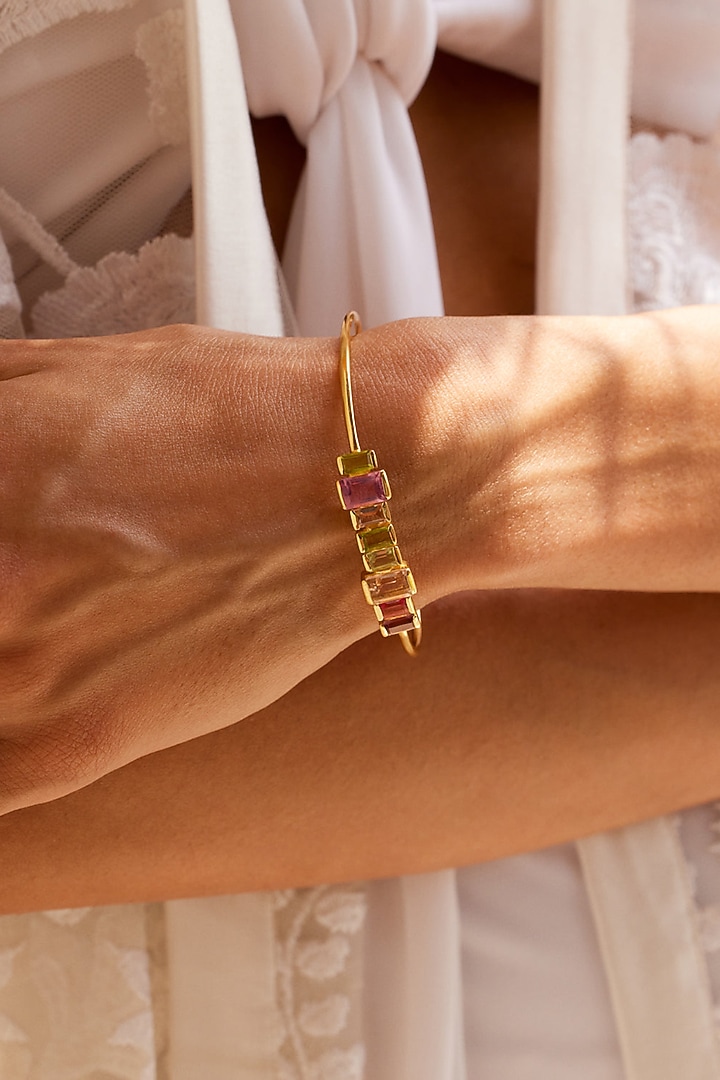 Gold Finish Pink Tourmaline Hydro & Peridot Stone Cuff In Sterling Silver by MISS JO at Pernia's Pop Up Shop