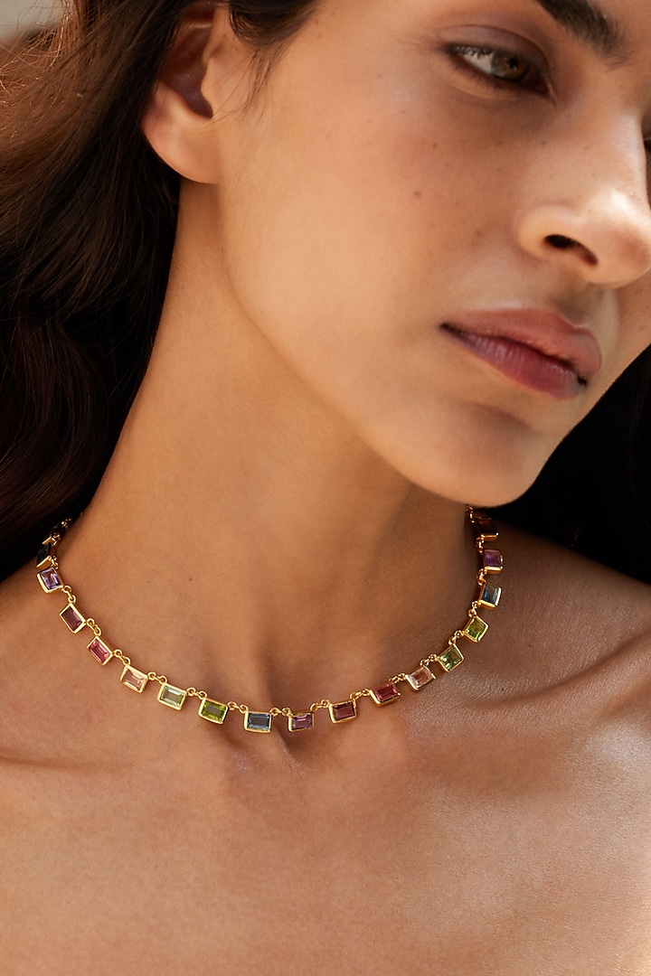 Gold Finish Pink Tourmaline & Rhodolite Hydro Stone Choker Necklace In Sterling Silver by MISS JO at Pernia's Pop Up Shop