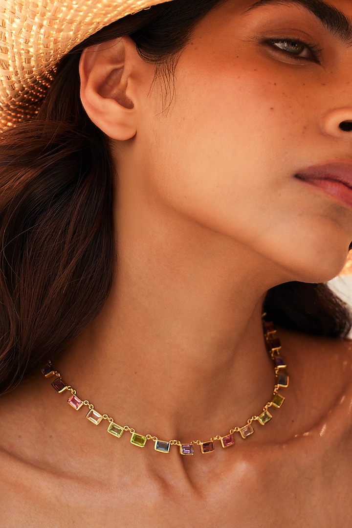 Gold Finish Pink Tourmaline & Rhodolite Hydro Stone Choker Necklace In Sterling Silver by MISS JO at Pernia's Pop Up Shop