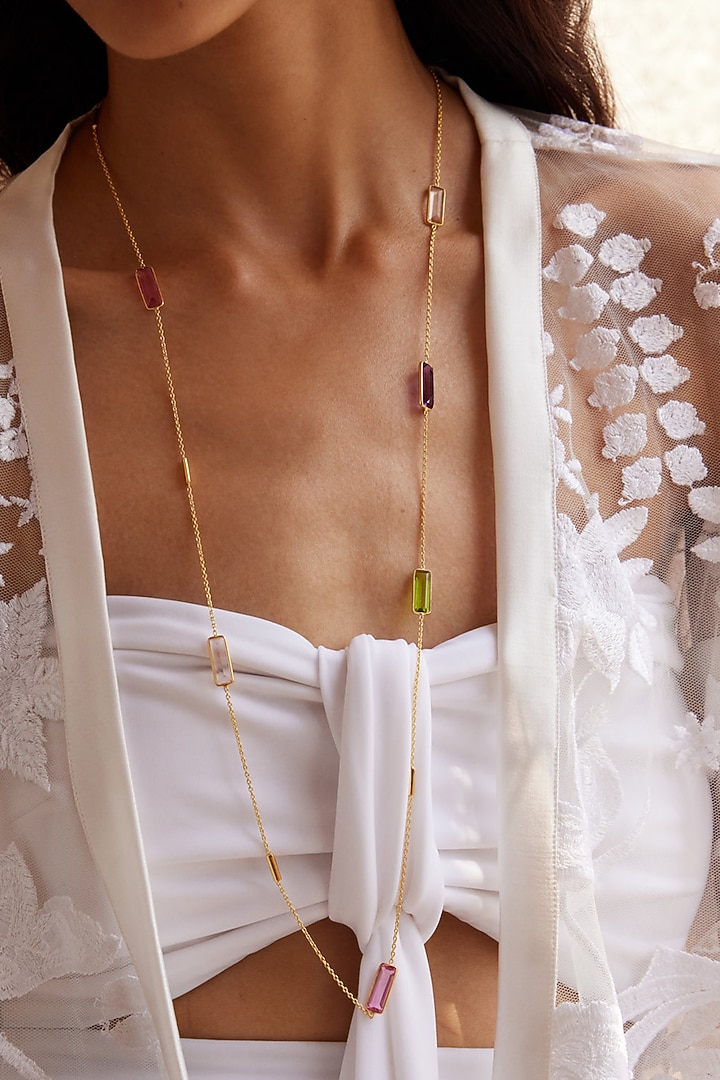 Gold Finish Amethyst & Morganite Hydro Long Necklace In Sterling Silver by MISS JO at Pernia's Pop Up Shop