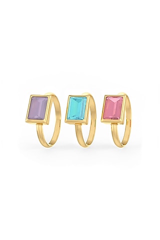 Gold Finish Green Amethyst & Blue Topaz Stone Ring In Sterling Silver (Set Of 3) by MISS JO