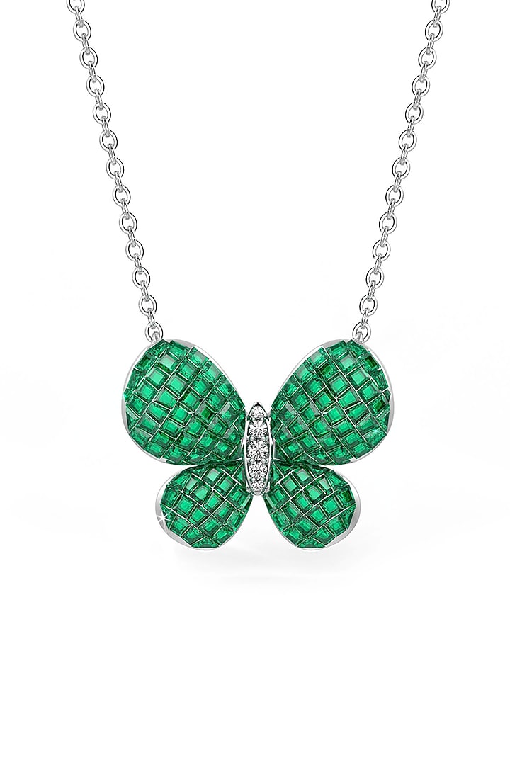 White Rhodium Finish Green Spinel Stone Pendant Necklace In Sterling Silver by MISS JO at Pernia's Pop Up Shop