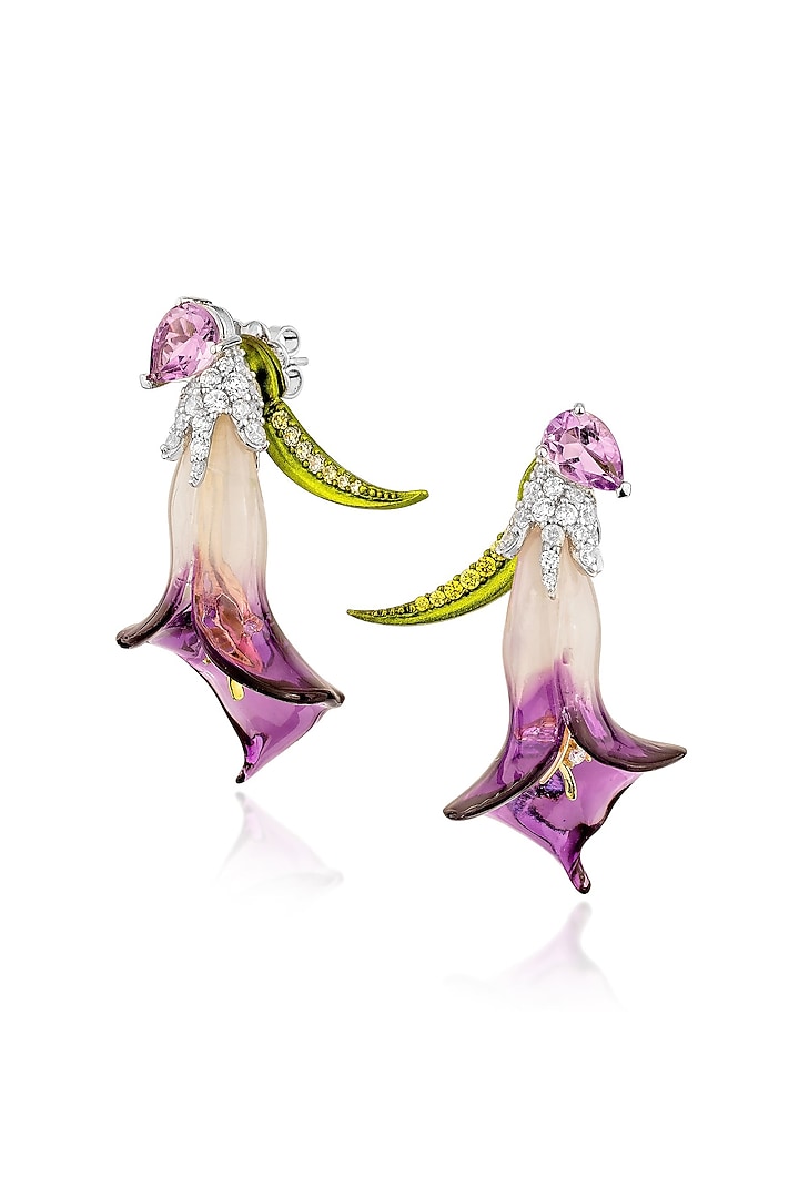 White Rhodium Finish Pink Crystal Zirconia Stud Earrings In Sterling Silver by MISS JO at Pernia's Pop Up Shop