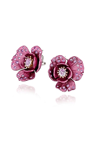 White Rhodium Finish Purple Enameled Floral Stud Earrings In Sterling Silver by MISS JO