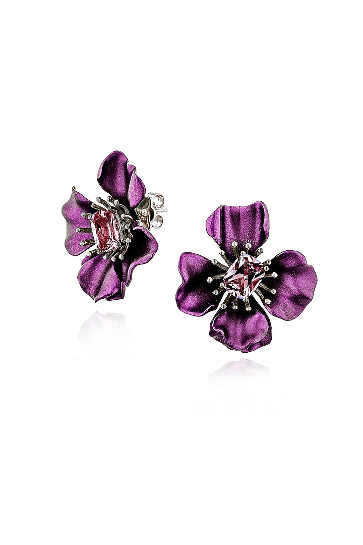 Gold Finish Purple Enameled Floral Stud Earrings In Sterling Silver by MISS JO at Pernia's Pop Up Shop