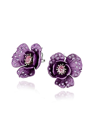White Rhodium Finish Purple Enameled Floral Stud Earrings In Sterling Silver by MISS JO