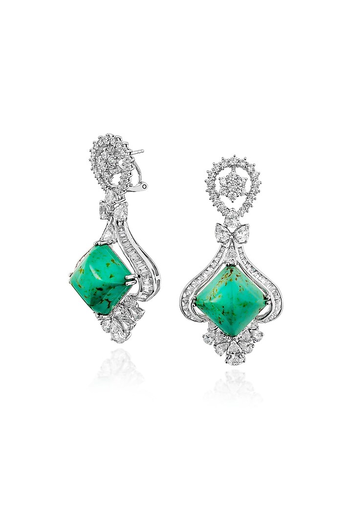 White Rhodium Finish Cubic Zirconia & Emerald Stone Dangler Earrings In Sterling Silver by MISS JO at Pernia's Pop Up Shop