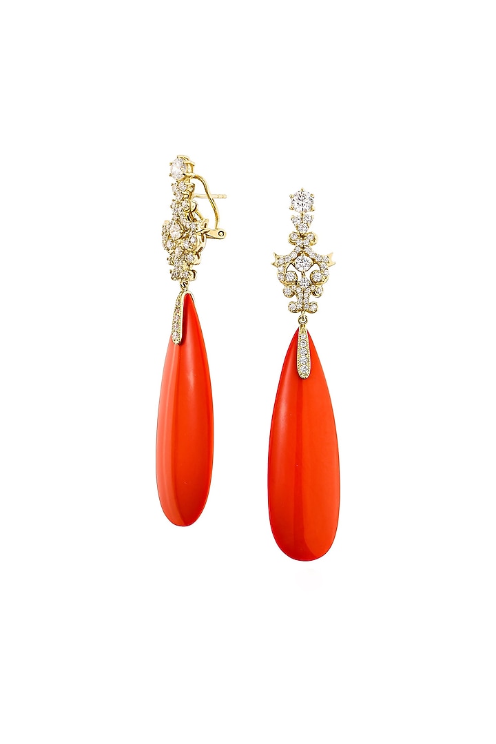 White Rhodium Finish Coral Stone Dangler Earrings In Sterling Silver by MISS JO at Pernia's Pop Up Shop