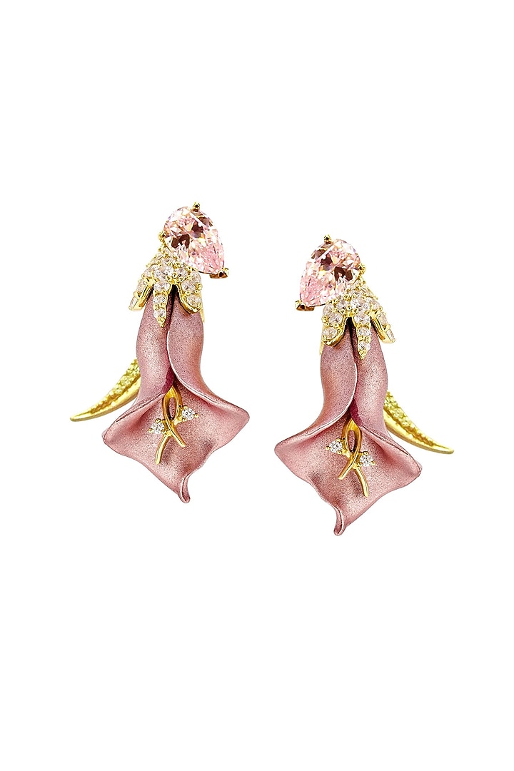 Gold Finish Pink Pearl-Cut Stone Statement Earrings In Sterling Silver by MISS JO at Pernia's Pop Up Shop