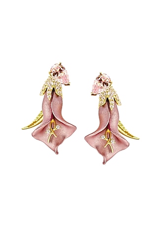 Gold Finish Pink Pearl-Cut Stone Statement Earrings In Sterling Silver by MISS JO