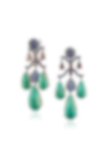 White Rhodium Finish Green & Coral Stone Dangler Earrings In Sterling Silver by MISS JO at Pernia's Pop Up Shop