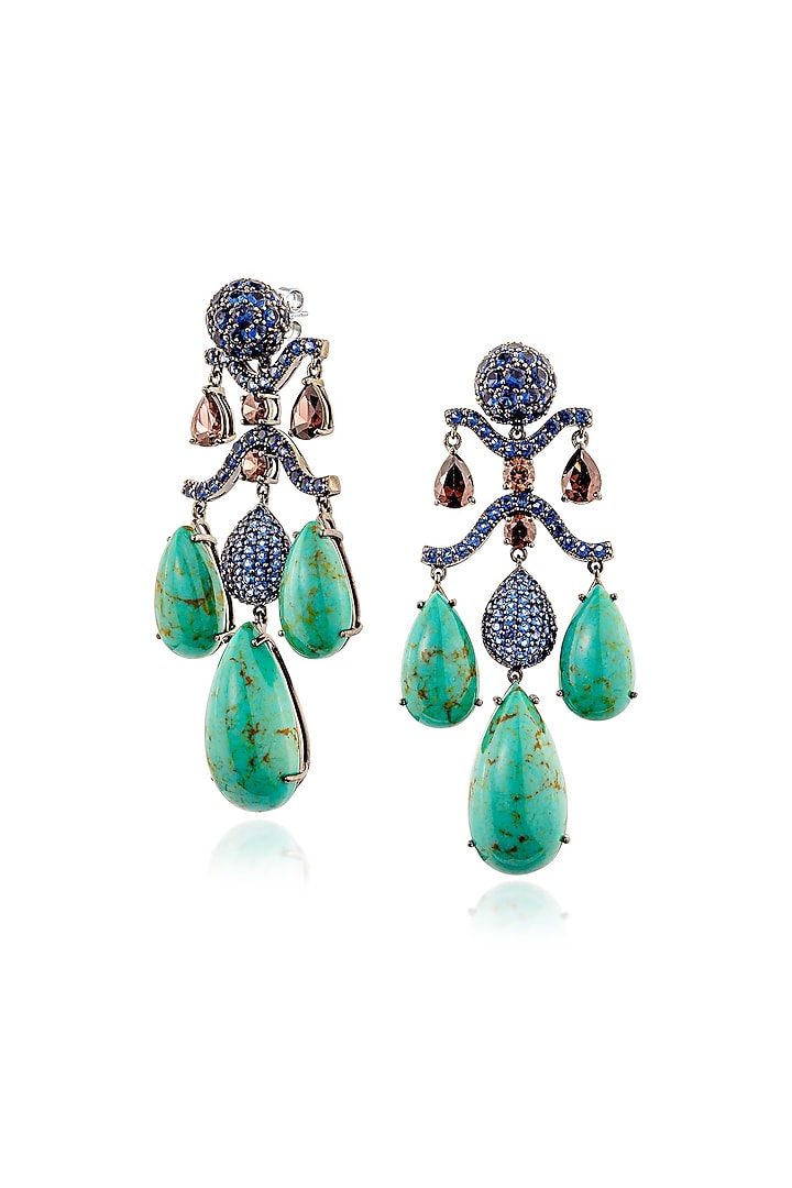 White Rhodium Finish Green & Coral Stone Dangler Earrings In Sterling Silver by MISS JO at Pernia's Pop Up Shop