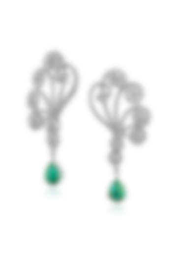 White Rhodium Finish Green Stone Dangler Earrings In Sterling Silver by MISS JO at Pernia's Pop Up Shop