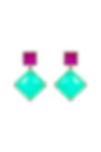 Gold Finish Pink & Emerald Stone Dangler Earrings In Sterling Silver by MISS JO at Pernia's Pop Up Shop