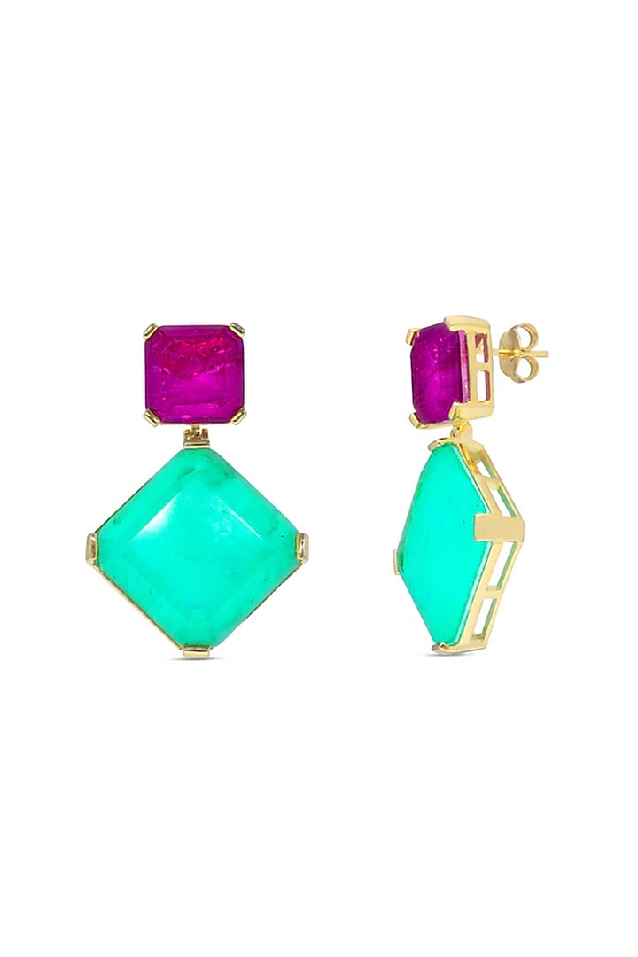 Gold Finish Pink & Emerald Stone Dangler Earrings In Sterling Silver by MISS JO at Pernia's Pop Up Shop