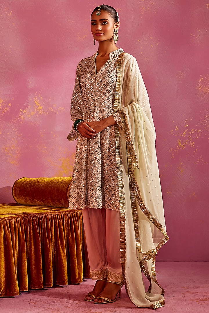 Ivory Georgette Embellished Kurta Set by Mustard Moon by Neyha and Vrinda