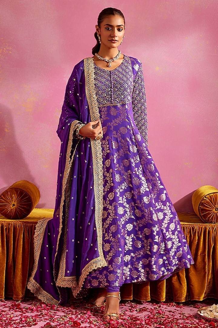Purple Banarasi Anarkali Set by Mustard Moon by Neyha and Vrinda