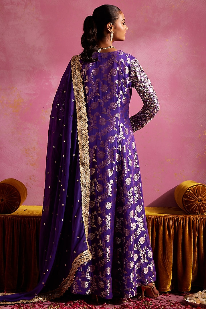 Purple Banarasi Party Wear Anarkali Set by Mustard Moon by Neyha and Vrinda at Pernia's Pop Up Shop
