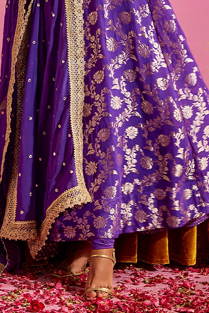 Purple Banarasi Party Wear Anarkali Set by Mustard Moon by Neyha and Vrinda at Pernia's Pop Up Shop