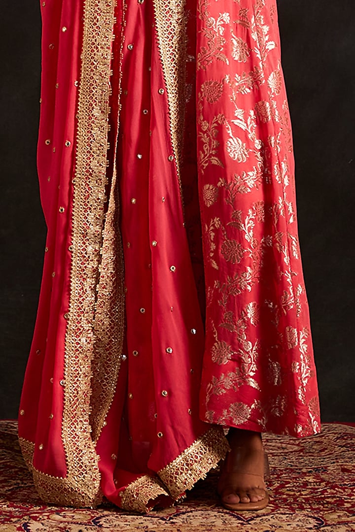 Coral Banarasi Party Wear Anarkali Set by Mustard Moon by Neyha and Vrinda at Pernia's Pop Up Shop