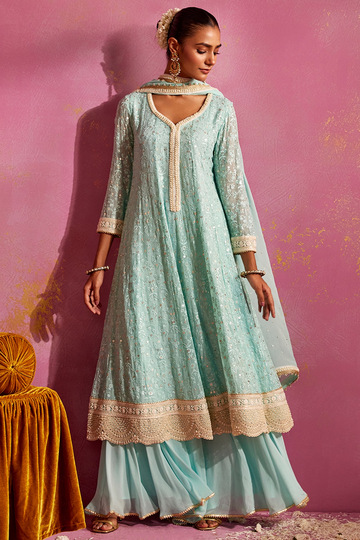 Light Green Lucknowi Embroidery Anarkali Gown Suit – Inddus.com