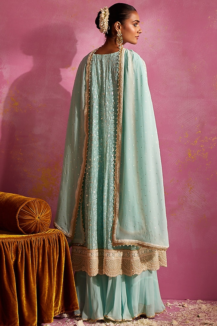 Aqua Georgette Lucknowi Thread Work Wedding Anarkali Set by Mustard Moon by Neyha and Vrinda at Pernia's Pop Up Shop