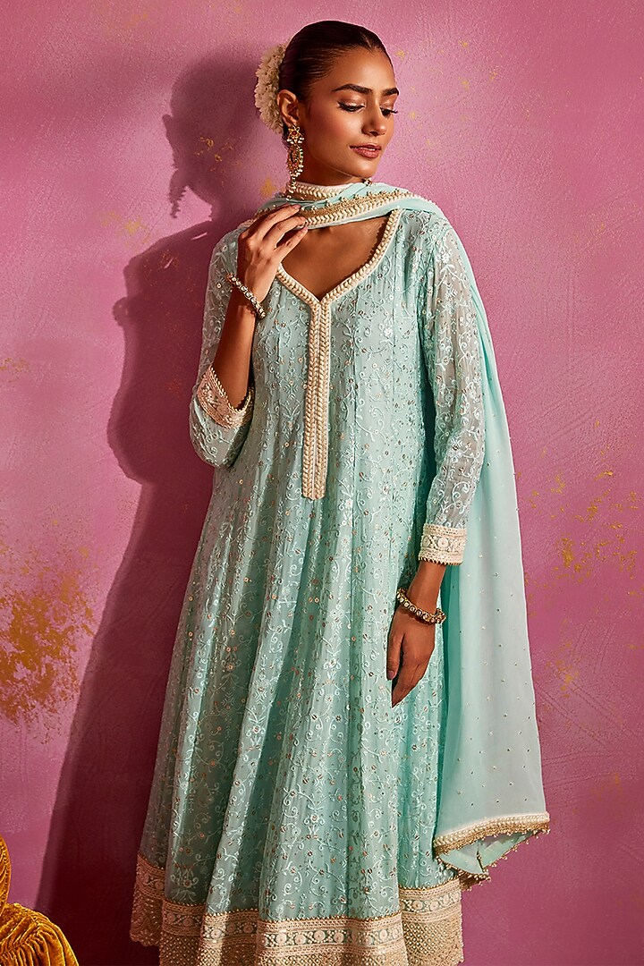 Aqua Georgette Lucknowi Thread Work Wedding Anarkali Set by Mustard Moon by Neyha and Vrinda at Pernia's Pop Up Shop