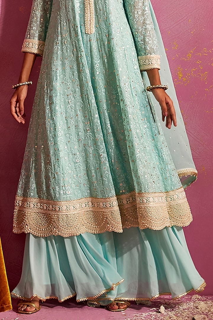 Aqua Georgette Lucknowi Thread Work Wedding Anarkali Set by Mustard Moon by Neyha and Vrinda at Pernia's Pop Up Shop