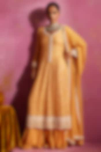 Saffron Georgette Lucknowi Thread Work Anarkali Set by Mustard Moon by Neyha and Vrinda